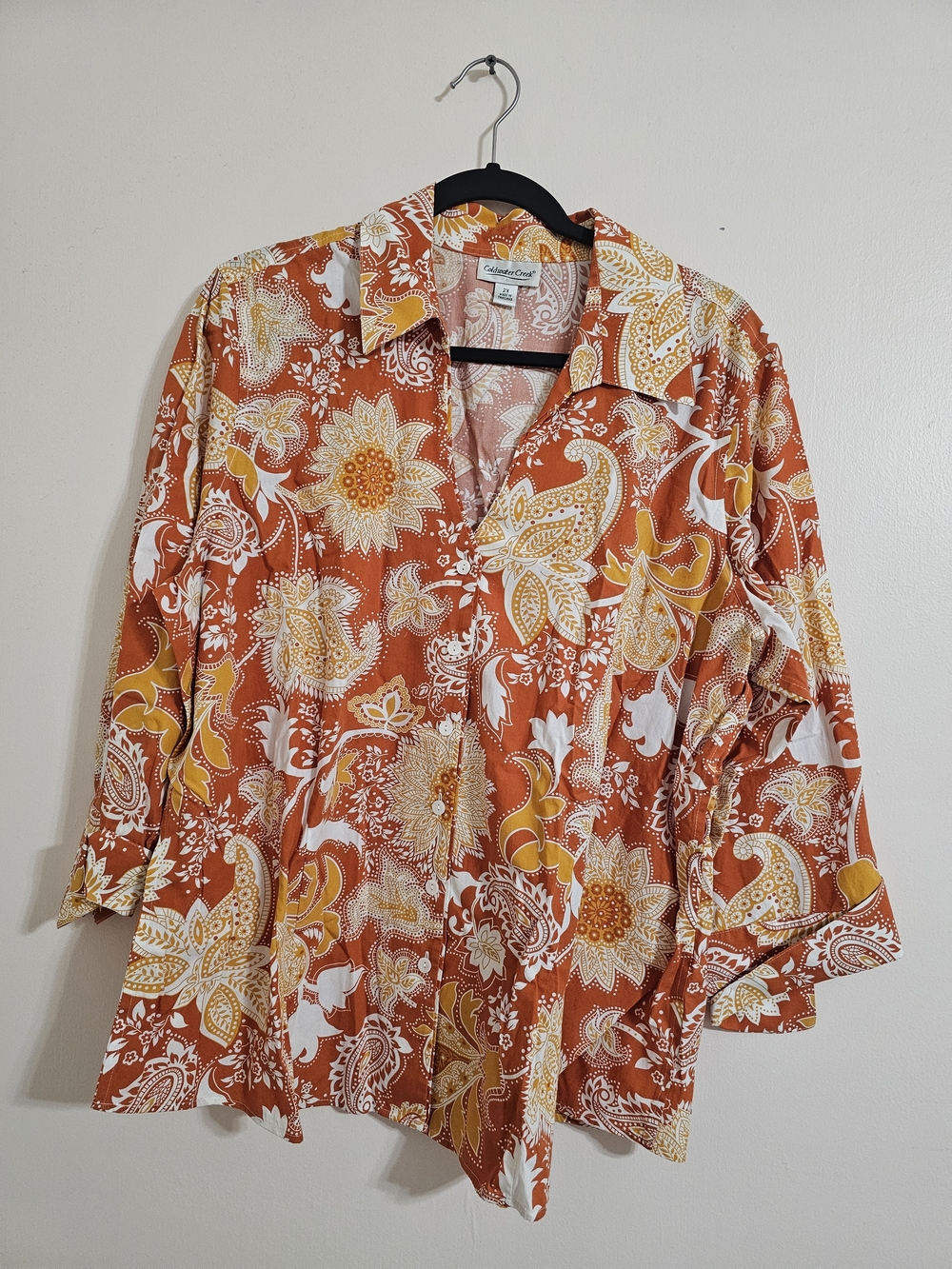 Coldwater CREEK 2X Orange Floral Button-Up Shirt Non Iron FALL